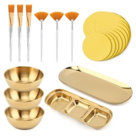Juego de 23 suministros de estética para tratamientos faciales: 3 tazones dorados para mezclar, bandeja para servir con 3 compartimentos, 3 cepillos f