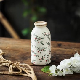 TEWEIQI Ceramic Rustic Farmhouse Vase, Holly Pattern Flower Vase for Home Decor, Ideal Shelf Decor, Boho Vase for Living Room Bedroom Kitchen Office Decor Centerpiece Table Decorations (6 inches)…