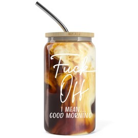 16 oz Iced Coffee Cup with Bamboo Lids and Straws | Mason Jar Cups & Iced Coffee Tumbler with Lid and Straw | Glass Cups for Coffee, Boba Cup | Beer Can Glass & Smoothie Cup - Good Morning