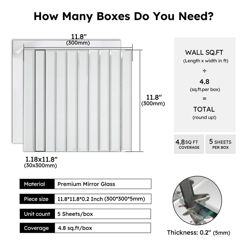 Diflart Peel and Stick Mirror Backsplash Tile, 1.8 x 11.8