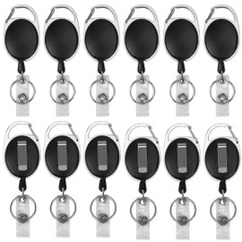 ID Card Holder Carabiner Extendable ID Card Badge Holder with Belt Clip Bobbins Yo-Yo Attachment Clip with Split Ring and 69 cm Cord Black Hard Plastic for Office Hospital (Pack of 12)