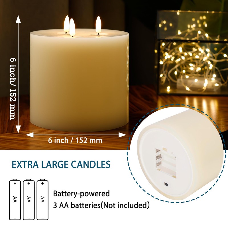 SEHNSY 3 Wick Extra Large Flameless Candles, 6"x6" Flat Battery