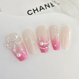 Pearl Ribbon Handmade Nail Tips - Ballerina L / 진주 리본 수제네일팁 - 발레리나L