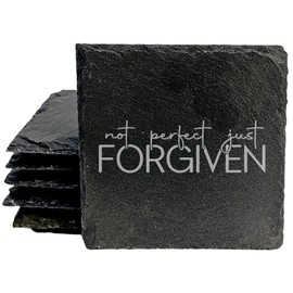 Faith and Hope: Laser Etched Imperfectly Perfect: Not Perfect, Just Forgiven Coasters - Square Slate - Set of 4