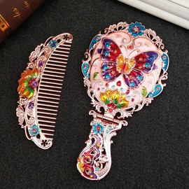 BYVUTE Handheld Mirror Set, Vintage Makeup Mirror and Comb Antique Princess Castle Vanity Mirror Cosmetic Decorative Embossed Hair Brush Gift for Women Girls (Flower)