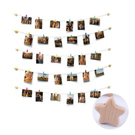 KUREDY Hanging Photo Display - Star Shaped Collage Picture Frames - 8m Hemp Rope Strings with 30 Clips - Self Adhesive Hooks - No Holes Drilling DIY Multi Photo Wall Decor