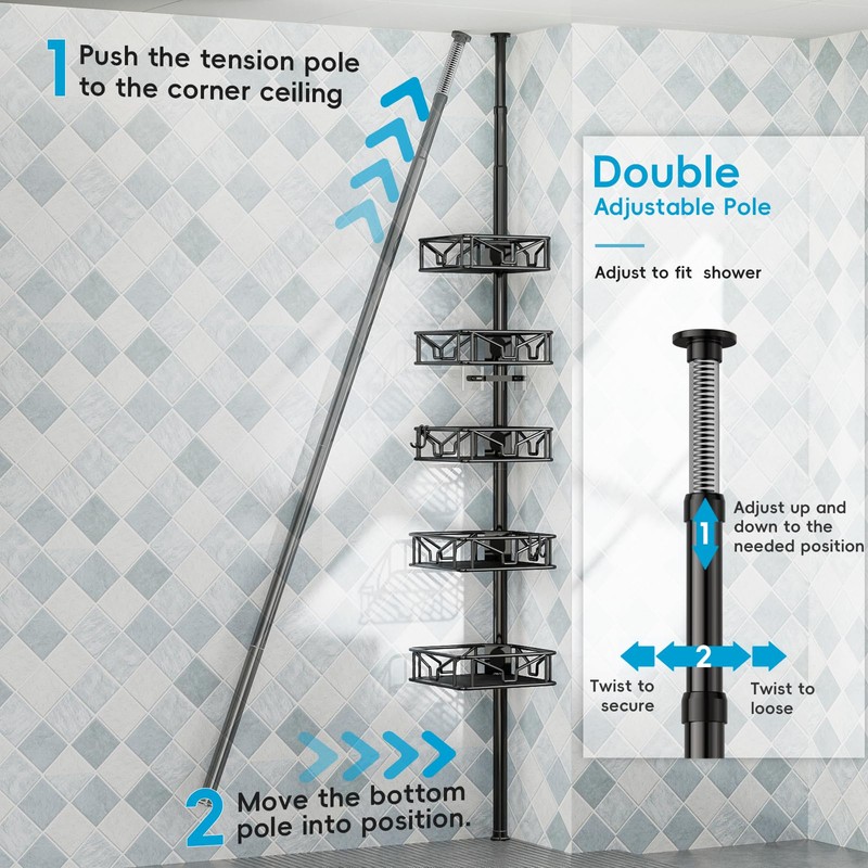 Skycarper 5 Tier Adjustable Corner Shower Caddy Organizer with Hooks,Rustproof