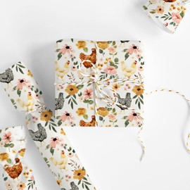 JarThenaAMCS Floral Hen Wrapping Paper -Mini Roll- 17 Inch x 32.8Ft Watercolor Flower Chicken Gift Wrap Paper Rustic Art Paper for Farmhouse DIY Craft