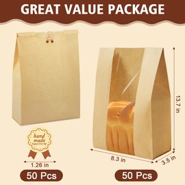 Vorfre 50 Pcs Large Paper Bread Bags for Homemade Bread, 13.7 x 8.3 x 3.5 Inch Sourdough Bags with Clear Window, Brown Kraft Bakery Bag for Storing Loaves & Snacks, Includes 50 Sealing Stickers