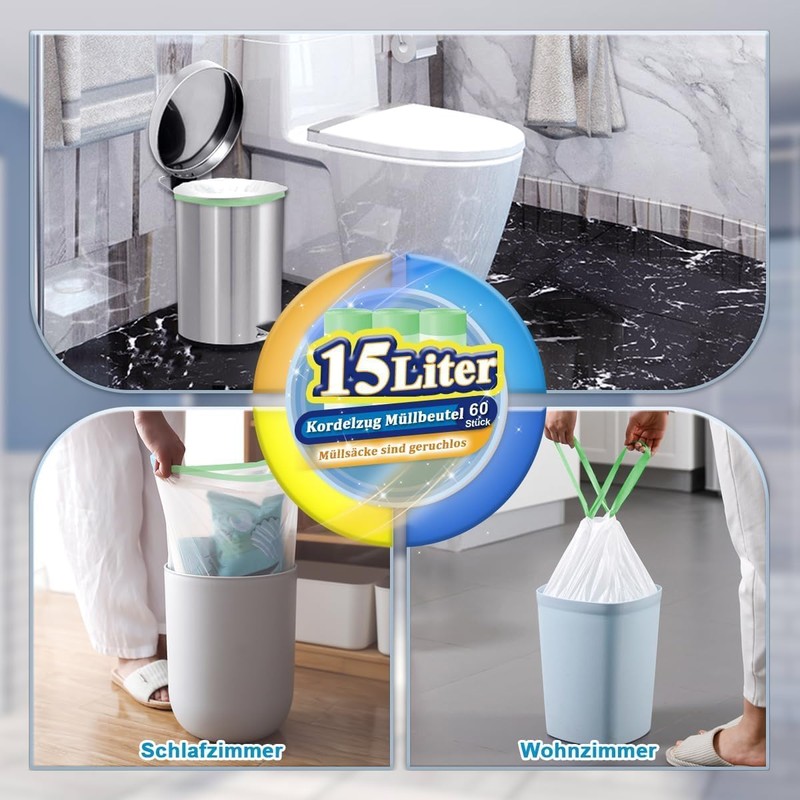 OKKEAI Bin Liners 15 L with Drawstring White Bin Bags,