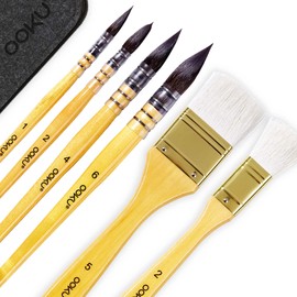 OOKU Professional Quill Brushes Watercolor Set - 6 Pc Real Squirrel Hair Blend Brushes for Consistent Flow - Short Handle Round Paint Brush for Artists, Painting, and Gouache
