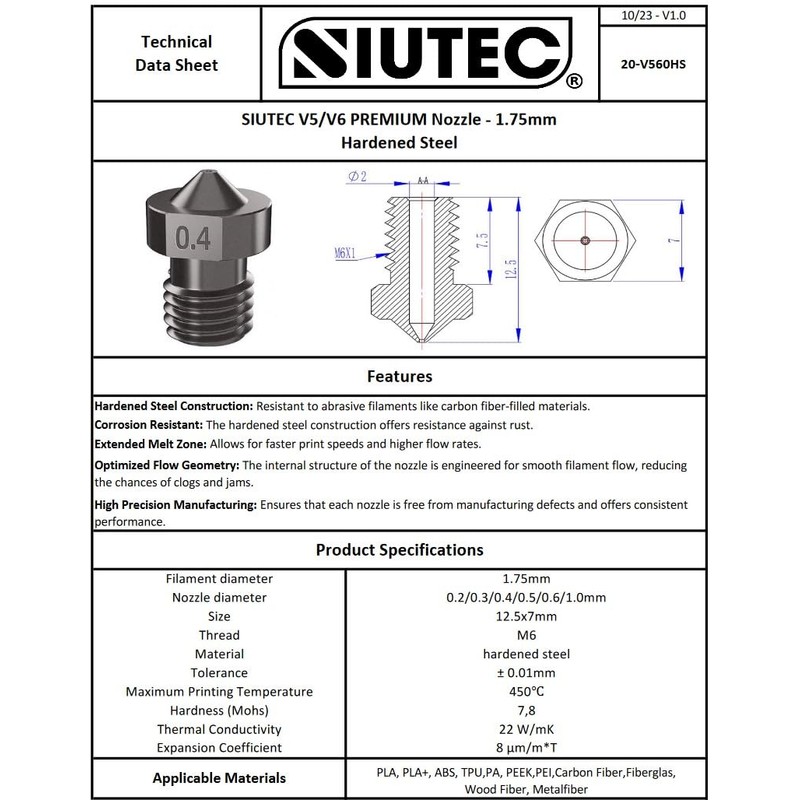 SIUTEC® Premium V5 / V6 Hardened Steel/Hardened Steel, Nozzle/Nozzle, 0.5