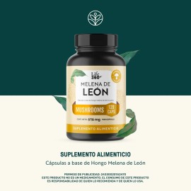 Melena De León Mushrooms Life 360+ 120 Cápsulas A Base de Hongo Melena de León en polvo Sin Sabor Suplemento Alimenticio