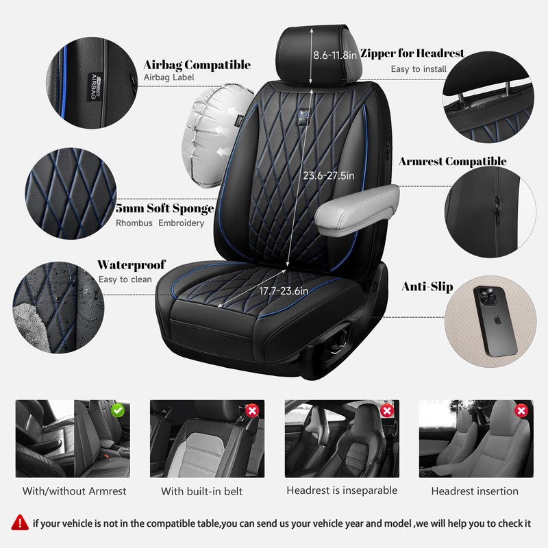 CAR PASS Luxury PU Leather Two Front Car Seat Covers,