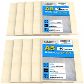 AUPROTEC 10x A5 Sperrholz-Platten Birke 4mm Multiplexplatten (148 mm x 210 mm) Bastel- und Laubsäge-Holzplatten Birke Massiv Multiplex Holz Industriequalität