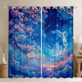 Manfei Cherry Blossoms Window Curtains,Moonnight Cloud Starry Sky Window Drapes for Girls Women,Sakura Flowers Chinese Style Pink Blue Romantic Window Treatments Grommet Top 2 Panel Set,38Wx45L inch