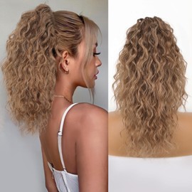 ORSUNCER Ponytail Extension Claw 18" Curly Pony Tail Clip in Claw Hair Extensions Fluffy Natural Looking Synthetic Hairpiece for Women Omber Brown