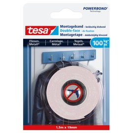 tesa Powerbond Montageband für Fliesen & Metall Extra Stark, mit bis zu 100 kg Haltekraft pro Meter - doppelseitiges Montageklebeband für glatte Oberflächen - 1,5 m x 19 mm
