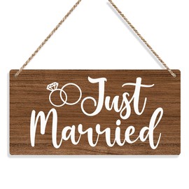 Just Married Sign Wall Hanging - Just Married Decorations Wedding Accessories - Reception & Engagement Party Wall Art - Wooden Ring Bearer Sign (Brown)