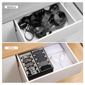 Coorganisers 2 Packs Leathers Belt Organizer, 5 Grids Belt Organizer for Closet and Drawer, Stackable Dresser Drawer Organizers, Tie Organizer for Men, Belt Tie Holder, Belt Tie Storage Organizer