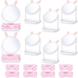 DoubleFill 8 Set Spa Party Supplies Lovely Bunny Cat Mirrors and Headbands Spa Party Favors for Girls Birthday Slumber Sleepover Party Gifts(Rabbit)