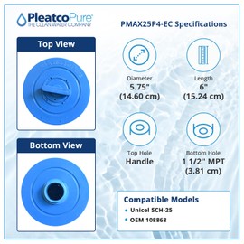 Pleatco PMAX25P4-EC Spa Filter Cartridge Replacement for Unicel: 5CH-25, OEM Part Numbers: 108868, White