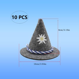 WANYI Pack of 10 Oktoberfest Bavarian Decorative Seppel Hat Grey Felt Hat Mini Traditional Hat Table Decoration 8 x 10 cm Pointed Hat with Blue/White Cord Floral Pattern for Carnival