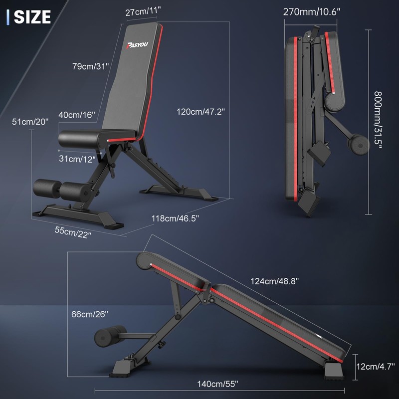 PASYOU Adjustable Weight Bench Press - 700lbs Load Foldable Workout