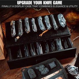 Black Pocket Knife Display Case with Sturdy Clear Cover - Wooden Knife Collection Case for 16 Knives - Two-Tier Knife Cases for Collections with a Removable Drawer Insert for Other EDC Items