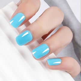 Press On False Nails Short Squoval ABS Natural Fit Fake Nails with Jelly Glue Reusable Manicure Glue On Nails Woman and Girl, Gel Glossy False Nails 12Sizes 24pcs (Capri Blue)