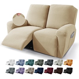 JIVINER 6-Piece Loveseat Recliner Slipcover Stretch Jacquard Recliner Sofa Cover 2 Seater Washable Reclining Couch Cover with Pocket Fitted Furniture Protector Cover (Loveseat Recliner, Light Beige)