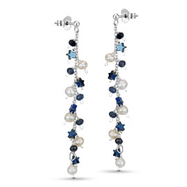 AeraVida Glistening Blue Star Long Dangling and Cultured Freshwater Pearl .925 Sterling Silver Earrings | Elegant Star and Pearl Drop Jewelry for Women | Unique Silver Statement Earrings