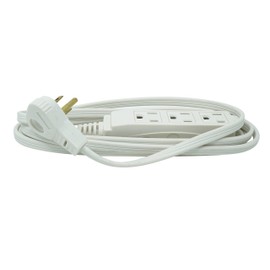 Woods SlimLine Indoor Flat Extension Cord, 8 Ft, 16 Gauge Right Angle Plug, 3 Polarized Outlets, 125 Volts, White, 2241
