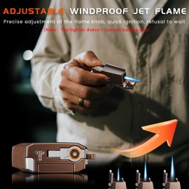 5-in-one Torch Lighter with Straight Tool, Built in Punch, Holder, and Draw Enhancer Tool, Windproof Jet Flame Lighter, Refillable Butane Torch Lighter Gifts for Men, Cool Lighter for Candle, Travel