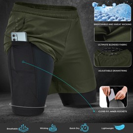 RDX Men’s Running Shorts, 2 in 1 Athletic Breathable Quick Dry Sports Short Compression Liner with Zipper and Phone Pockets