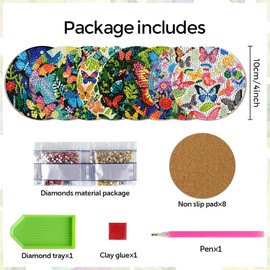 EWJRNSF 8 PCS Small Diamond Painting Coasters Kit, Fall Art Coasters for Adults Beginners, Arts and Crafts Supplies Item Sets Not with Holder Butterfly