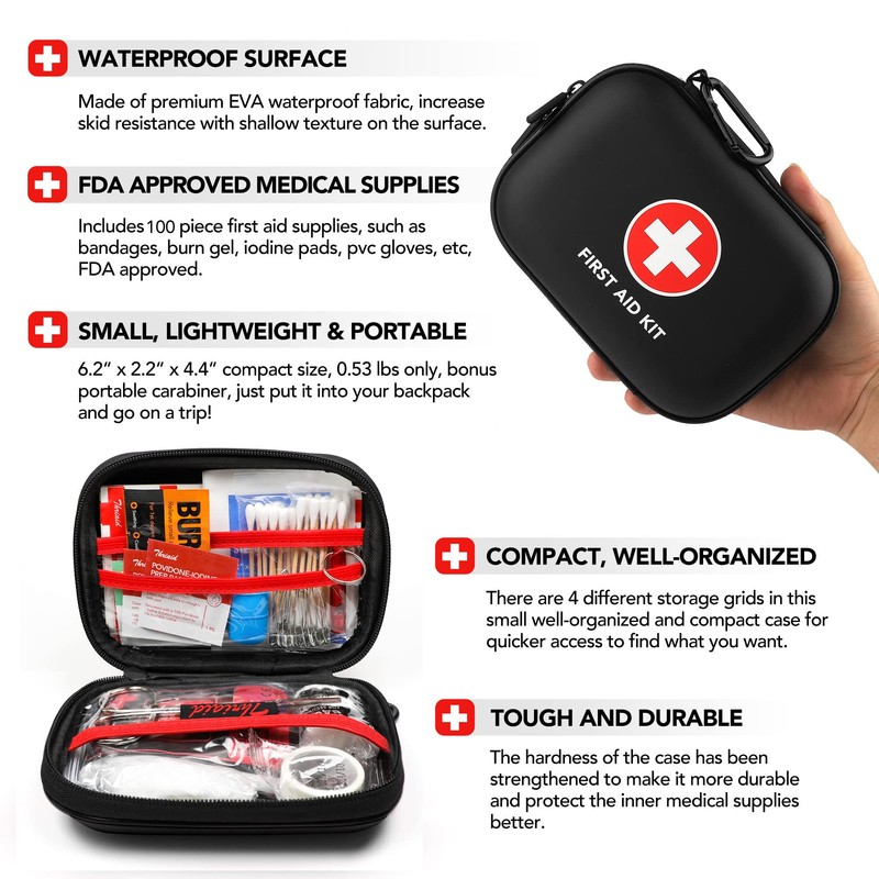 Mini First Aid Kit, 100 Pieces Water-Resistant Hard Shell Small