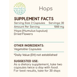 HerbEra Hops 60 Capsules, 500 mg, Hops (Humulus Lupulus) Dried Flower (60 Capsules)