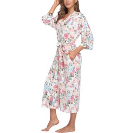 Women's Soft Robes Lightweight Kimono Loungewear Long Nightgown Knit Bathrobe Casual Sleepwear Pajamas with Pockets, Floral White Large