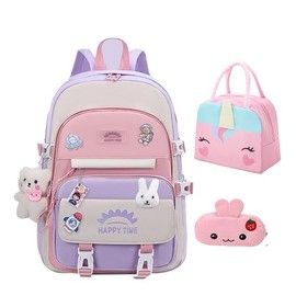 GDEMXOAN 3pcs Girls Backpack, Kawaii School Backpack For Kids Children With Lunch Bag and Pencil Case (RABBIT, PURPLE)