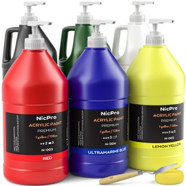 Nicpro 6 Colors Large Bulk Acrylic Paint Set (128 oz, 1 Gallon) Rich Art Painting Supplies Non Toxic for Multi Surface, Canvas, Wood, Leather, Fabric Stone Craft for Kid & Adult with Pump, Color wheel