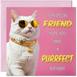 Funny Birthday Card for Friend - Purrfect Birthday - Funny Cat Friend birthday card for bestie Awesome Friendship Card for Women ladies Girls mate 145 x 145mm