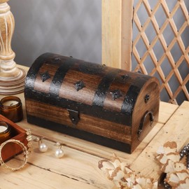 Ajuny Handcrafted Wooden Pirate Treasure Chest - Vintage Keepsake & Decorative Storage Box with Shell Strips, Large Jewelry & Trinket Holder Organizer Home Decor Gift 11x6 Inch