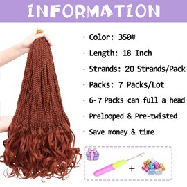 Curly Crochet Hair for Women 18 Inch Goddess Box Braids 7 Packs Pre-Looped French Curl Braiding Hair Crochet French Curls Copper Red Knotless Hair Extensions 350