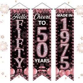 3 Pieces 50th Birthday Party Banners 50th Birthday Decorations for Women Rose Gold 1975 Porch Signs Cheers to 50th Hanging Backdrops Rose Gold Black Fifty Birthday Party Door Wall Decor Supplies