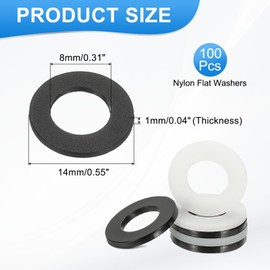 MECCANIXITY Nylon Flat Washers, M8 x 8mm ID x 14mm OD Round Flat Plain Washer Plastic Gasket Fastener for Household Faucet Pipe Water Hose, Black, Pack of 100