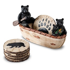 Bear Coasters Set of 6 Cute Table Coasters Resin Drink Coasters Black Cup Coasters for Coffee Table with Bear Family Boating Log Cabin Decorations Rustic Lodge Decor for The Home