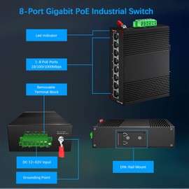 Lynxcel 8-Port PoE Gigabit Industrial Ethernet Switch - 96W 48V Output, 16Gbps Switching Capacity, IP40 Unmanaged Din Rail Switch for IP Cameras, VoIP Systems and More (With Power Supply)