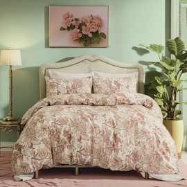 Herside Khaki Floral Duvet Cover Double Size 100% Cotton Vintage Botanical Duvet Cover Set 3 Pcs Soft Flower Bedding Set Breathable and Lightweight