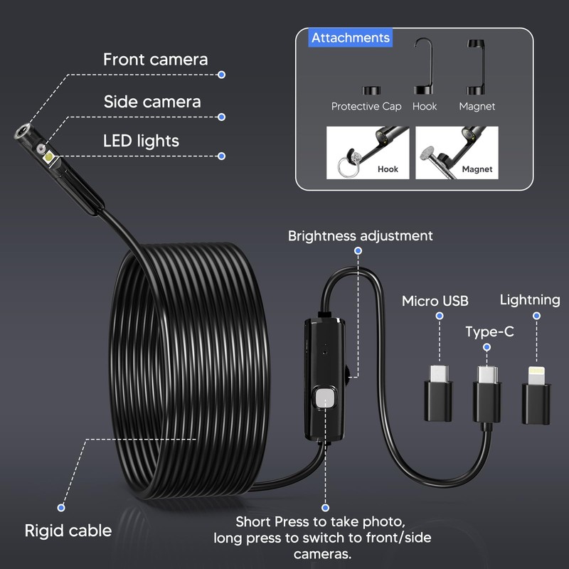 Endoscope Borescope with 8+1 Adjustable LED Lights, 11.5/16.4 FT Semi-Rigid